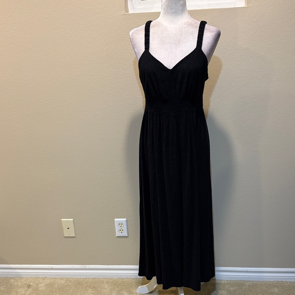 Chic Black Maxi Dress with Specks of Gray Elastic Straps and Waist-Size M